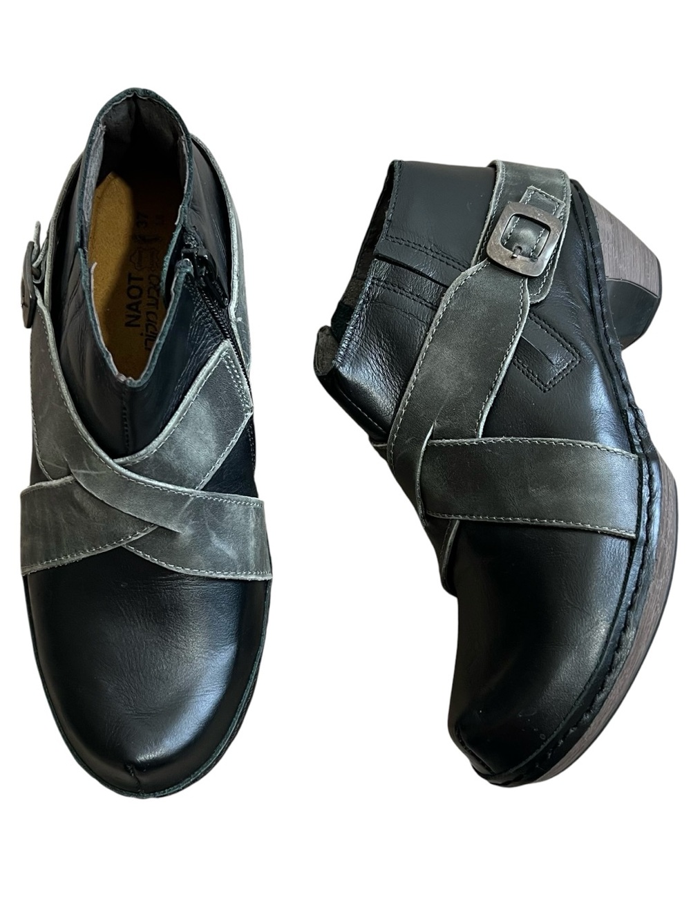 NAOT Leather Ankle Boots Cross Strap Buckle Booties Black Gray Comfort EU 37 US